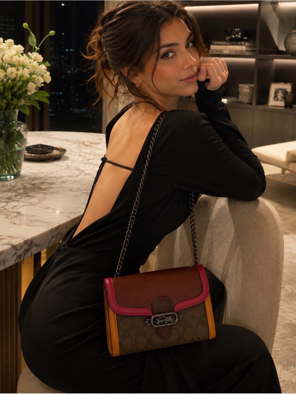 Coach Colorblock Signature Canvas Chain Crossbody - Brown/Pink/Tan/Yellow.